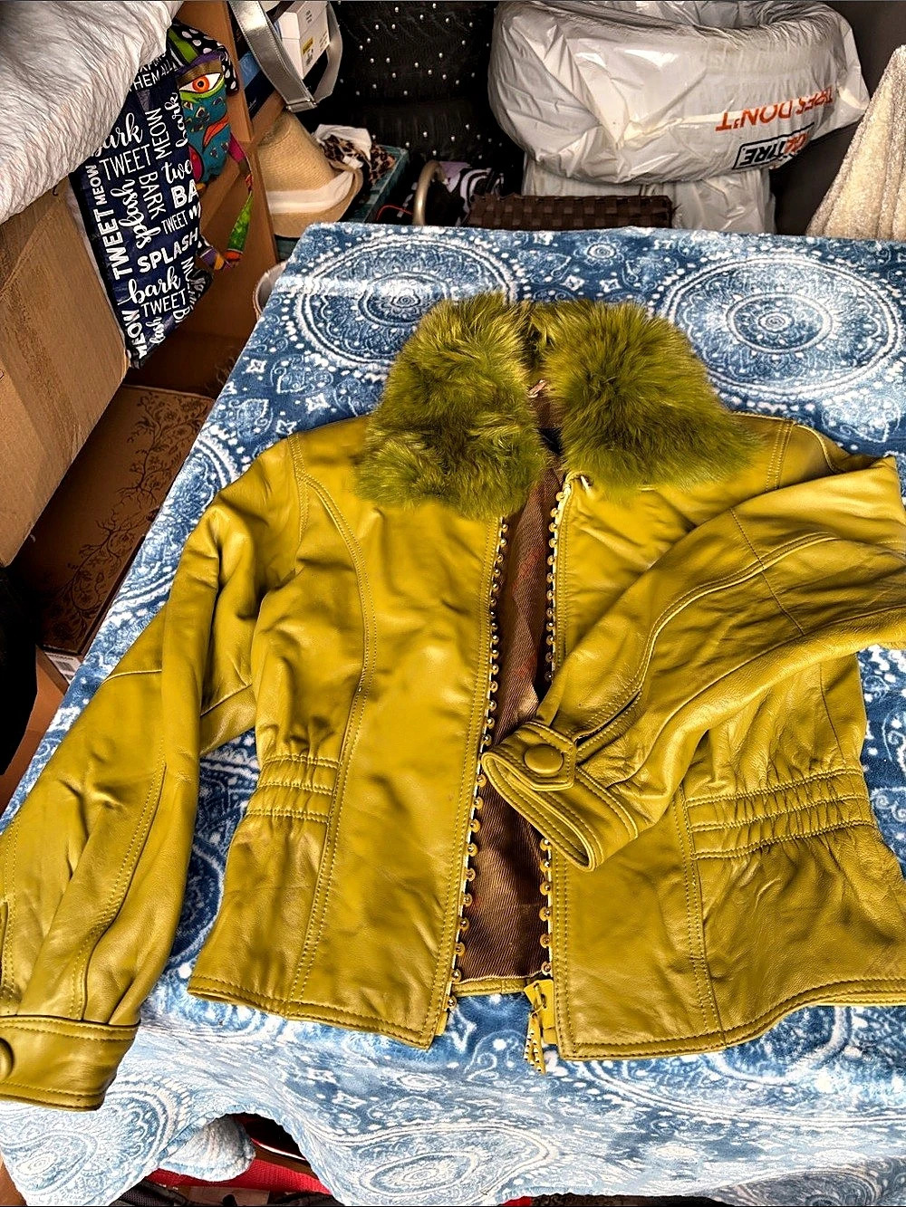 Banjin Women's Yellow Fur Collar Leather Jacket